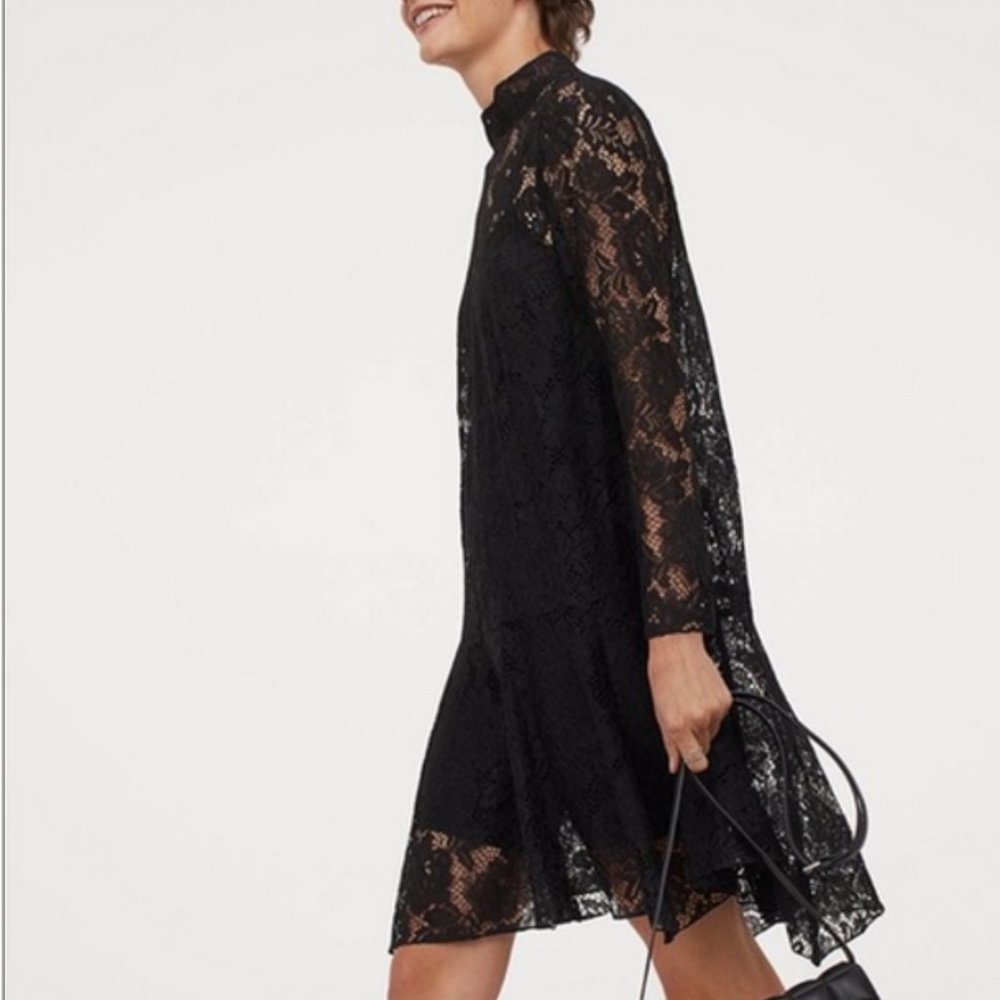 H&M long sleeve mock neck lace dress in black Size XS New with tags